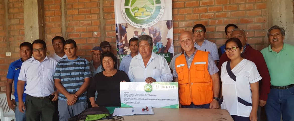 INVERSIONES MINERAS DE LOS ANDES S.A.C. HACE LA ENTREGA DE S/. 178,473.00 A LA COMUNIDAD CAMPESINA DE HUANCHUY
